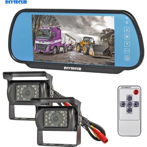 DIYSECUR Wired 7" Mirror Monitor Car Monitor + 2 x Waterproof Night Vision CCD Rear View Car Camera for Truck Caravan Bus Van