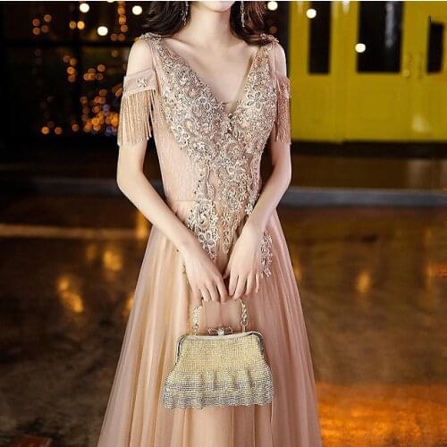 Luxury Champagne Prom Dresses Deep V Tassel Sleeve A-Line Backless Lace Appliques Bead Wedding Party Guests Evening Dress Custom
