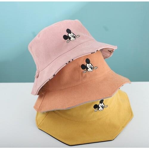 Spring Summer Bucket Hat for Children 5-12Y Autumn Double-Sided Outdoor Fashion Disney Mickey Fishman Hat Boys Girls Travel