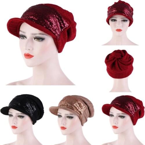 Hat ladies empty top hood ponytail toe cap sequin turban cap breathable wild Korean style tide