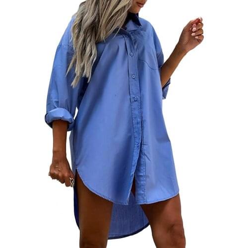 2021 New Women Casual Shirt Turn-down Collar Breathable Single-breasted Loose Irregular Hem Lady Shirt Easy to Wash for Dating