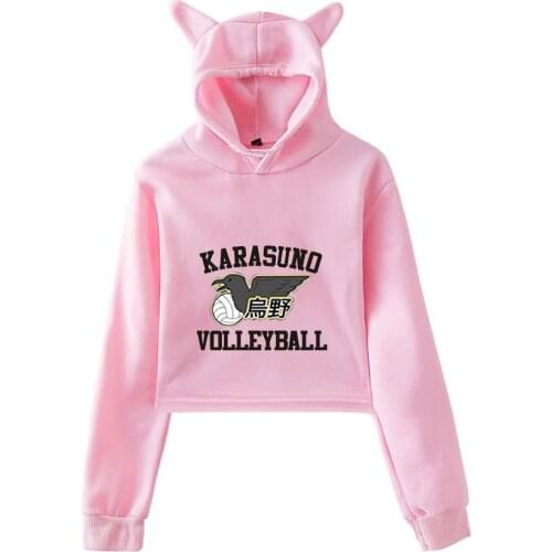 Anime Cute Hoodie Haikyuu Karasuno Women Cat-ear Hoodie Sweat Sexy Pullovers Navel Bare Top Lady Teens Girls Japanese Manga