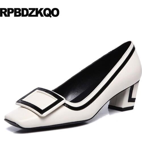 High heels metal size 4 34 black work shoes women leather thick pumps customized luxury medium genuine square toe 2018 beige