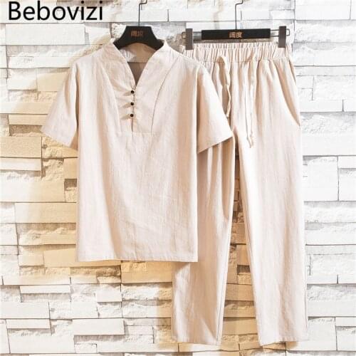 Hanfu Sets Kung Fu Chinese Style Suit Black White Summer Cotton Linen Men Casual Traditional Tang Tops + Pants Clothes