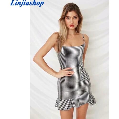 Sexy Sleeveless Plaid Mini Dress Summer New Arrival Women Spaghetti Strap Ruffle bag hip Short Dress Casual Fishtail Party Dress