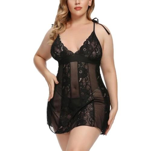 Plus Size Lingerie Babydoll Sexy Lace Chemise Set Sexy Bodysuit Outfit Black