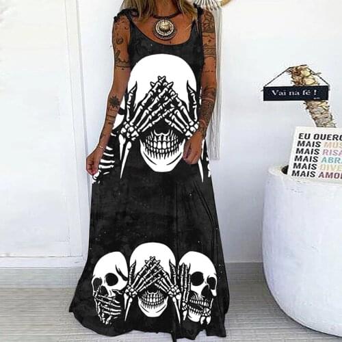 Women Casual O Neck Loose Summer Dress Vintage Skull Rose Printing Sleeveless Party Dress Ladies Elegant Floor Length Dress 3XL