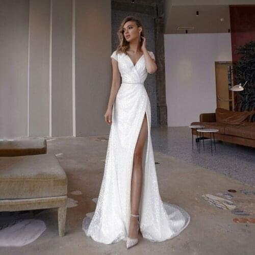 2021 Sexy High Split Wedding Dress A-Line V-neck Short Cap Sleeves Glitter Tulle Bridal Gown Elegant Backless Bead For Women