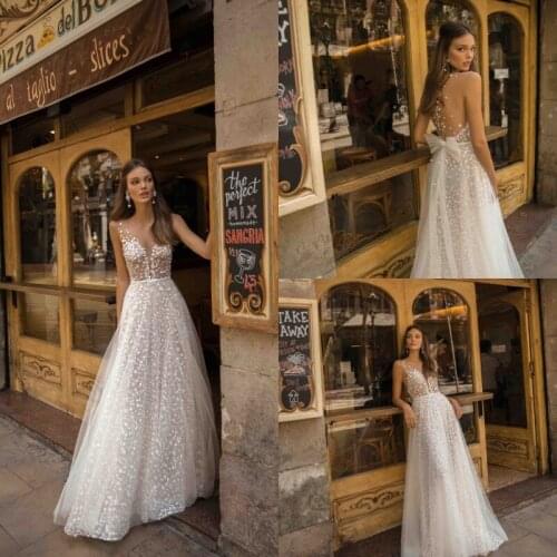 2019 A Line Wedding Dresses Sexy Deep V Neck Sleeveless Lace Appliques Bridal Gowns Sweep Train Wedding Dress Vestido De Novia