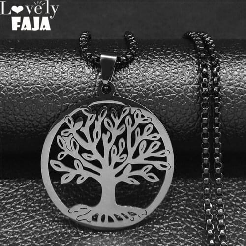 2021 Fashion Tree of Life Stainless Steel Chain Necklaces Women/Men Black Color Round Necklaces Jewelry colier femme N49S03