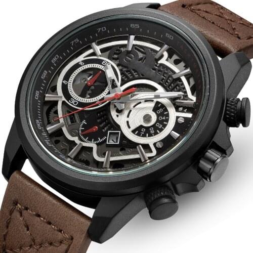 OYALIE Fashion Brand Men Leather Sports Watches Mens Army Military Skeleton WristWatch Man Quartz Clock Relogio Masculino