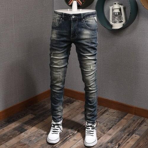 Italian Style Fashion Men Jeans Slim Fit Retro Wash Elastic Ripped Jeans Men Denim Pants Streetwear Vintage Designer Jeans Homme