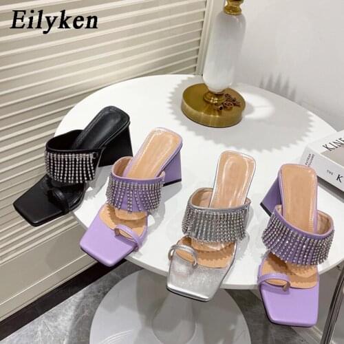 Eilyken Newest Fashion Crystal Rhinestone Tassel Designer Summer Women Slippers Sandals Strange High Heels Party Female Shoes