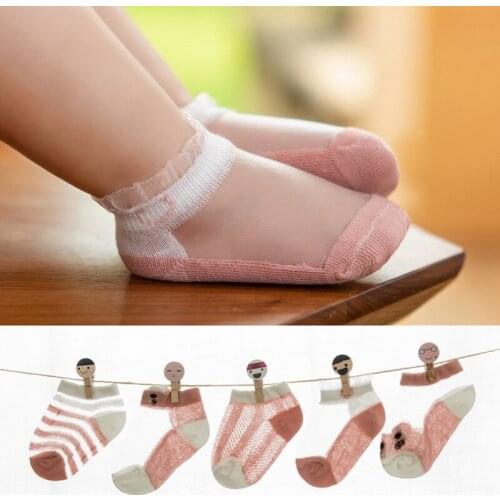 Elinfant 5 Pairs/Lot Baby Crystal Silk Stockings Cartoon Breathable Children Summer Mesh Boat Socks Baby Socks Summer Thin Kids