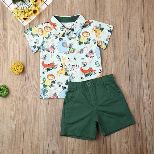 1-5years Kids Boys Clothing Set 2019 Fashion Zoo Monkey Tiger Animal Shirt For Boys Tops Green Shorts Set Boys Outfits Kids Set