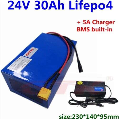 GTK lifepo4 24V 30Ah lithium battery pack with bms 8s for eletric bike travel scooter motorbike E bike+29.2V 5A charger