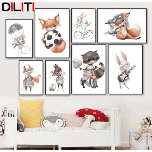 Cute Woodland Animals Wall Art Print Bunny Deer Bear Boy Vehicle Canvas Painting Nordic Poster Pictures Kids Room Decor