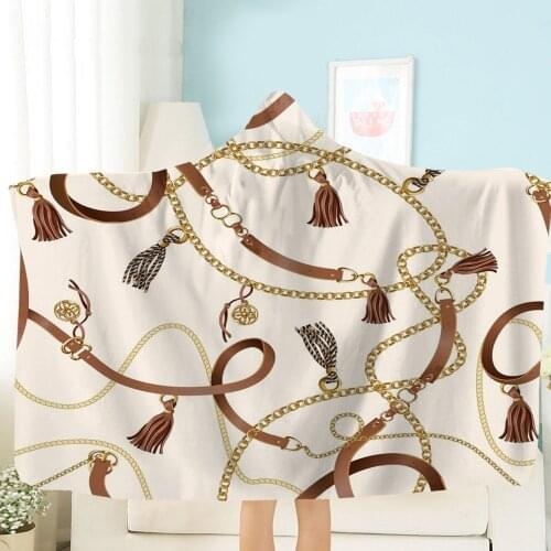 Gold Chain Belt Hooded Blanket 3D Print Euporean Pattern Fleece Blanket For Kids Adults Wearable Blanket Sofa Throw Blanket