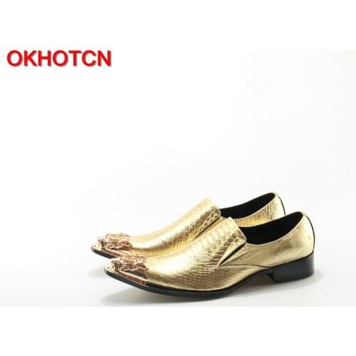 OKHOTCN Quality Party Wedding Men Oxfords Shoes British Style Genuine Leather Metal Toe Gold Shoes Slip On Business Mens Flats