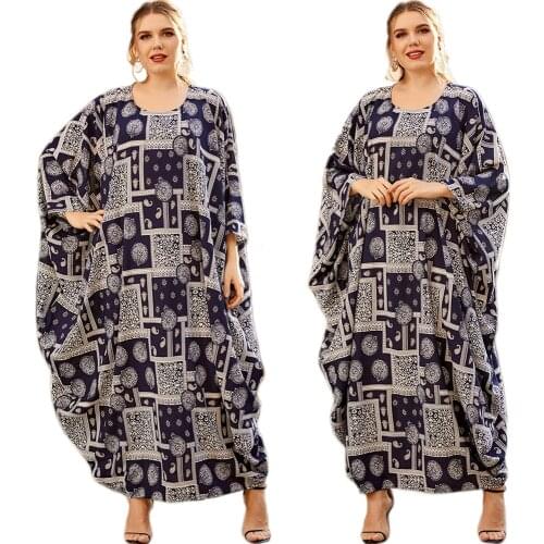 Printed Abaya Muslim Casual Loose Oversized Long Dress Batwing Sleeve Maxi Robe Gown Middle East O-neck Arab Ethnic Turkey Islam