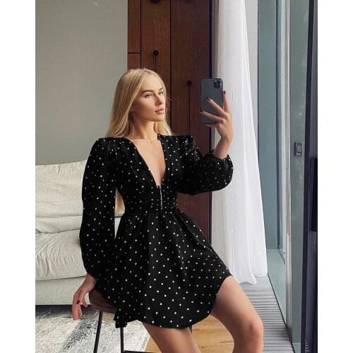 Women Vintage Dot Printed A-line Dress Lantern Sleeve Sexy Deep V neck Elegant Casual Mini Dress 2021 Summer High Street Dress