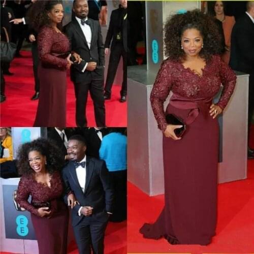 Burgundy Formal Celebrity Dresses Sheath V-neck Chiffon Appliques Sexy Long Evening Dresses Famous Red Carpet Dresses