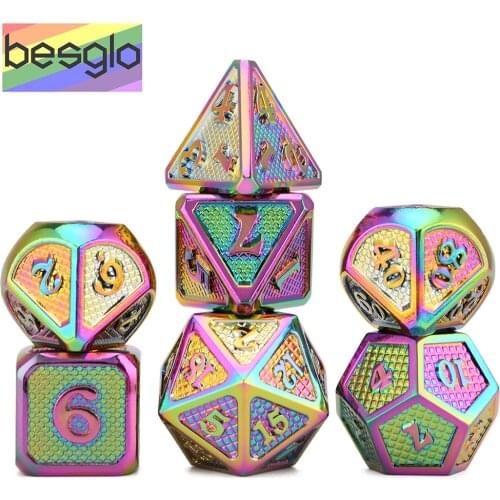 Dragon Scales Rainbow Metal Dice with Pouch for DND RPG MTG Board Games D4 D6 D8 D10 D12 D20
