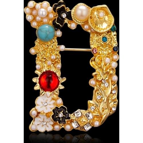 Rinhoo Vintage Letter D Brooches for Women New Rhinestone Pearl Gem Stone Initial Brooch Pins for Unisex Clothing Accessories