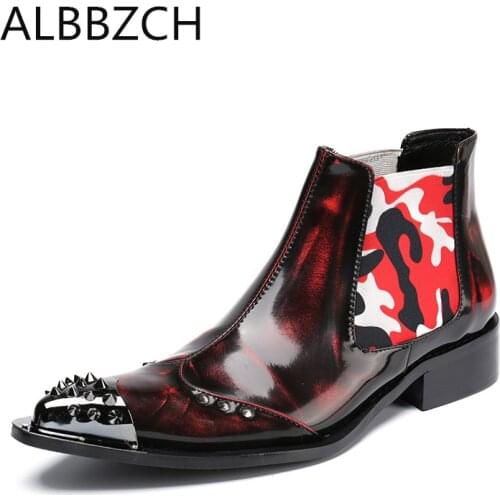 Luxury Patent Leather Business Casual Party Ankle Boots Men Pointed Toe Slip On Western Cowboy Nightclub Bar Leisure Boots Shoes