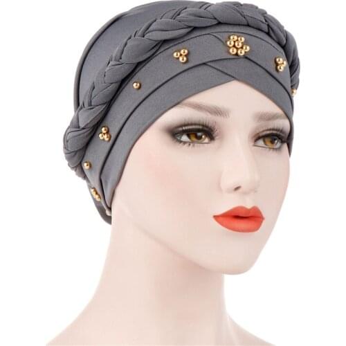 New Turban Hat Beaded Braid Inner Hijab Caps for Women Muslim Stretch Hijab Hat Islamic Under Scarf Head Wrap Cap Turbante Mujer
