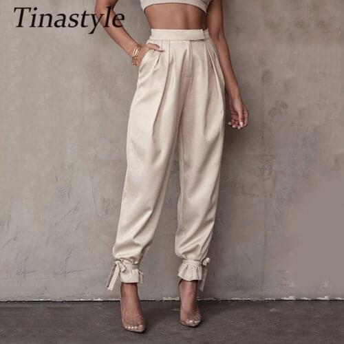 Tinastyle Black Spring Casual High Waist Harem Pants Fashion Satin Joggers Women Pants Loose Lace Up Cargo Pants Streetwear