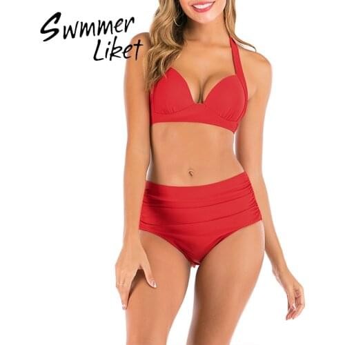 Sexy halter bikini set 2020 Solid red swimsuit female Triangle push up bathing suit High waist swimwear women Summer bathers new