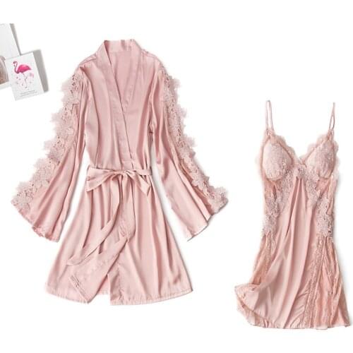 Sexy 2PCS Robe Suit Women Lace Kimono Gown Sleepwear Silky Satin Nightgown Intimate Lingerie Casual Home Clothes Bathrobe