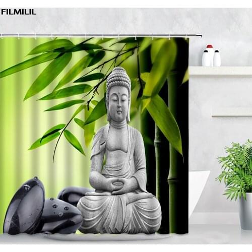 3D Green Bamboo Black Stone Buddha Zen Shower Curtains Set Natural Scenery Home Waterproof Polyester Bath Curtain Bathroom Decor