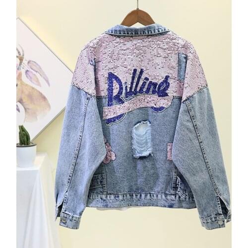 Handwork Beading Sequins Print Denim Coat Women Outerwear Chaquetas Mujer Spring Fashion Loose Short Holes Jeans Jacket Female