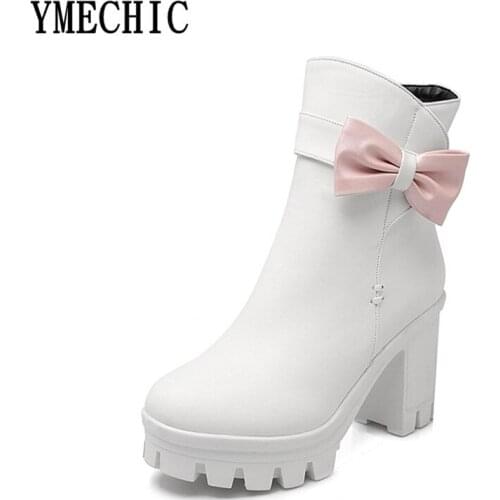 YMECHIC Ladys Sweet Butterfly-knot Chunky Block High Heel Platform Ankle Boots Bowtie Female White Black Pink Womens Punk Shoes