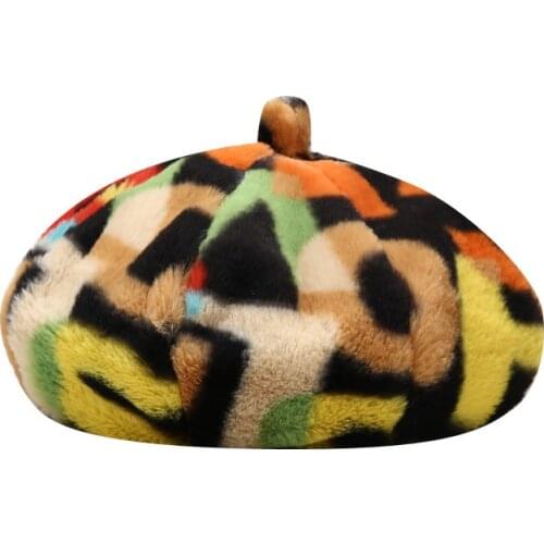 Fashion womens beret hat faux fur rainbow letter pattern painter hat ladies winter rabbit fur warm French newsboy hat