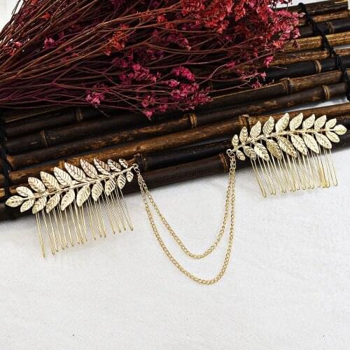 Vintage Simple Golden Plant Bridal Headpiece Leaf tassel Wedding double Hair Combs For Women Bride Headdress Accessories