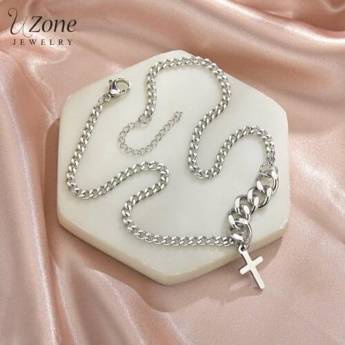 Uzone High Polished Stailess Steel Tiny Cross Pendant Necklace Simple Link Chain Chocker Necklaces For Women Men Jewelry Gift