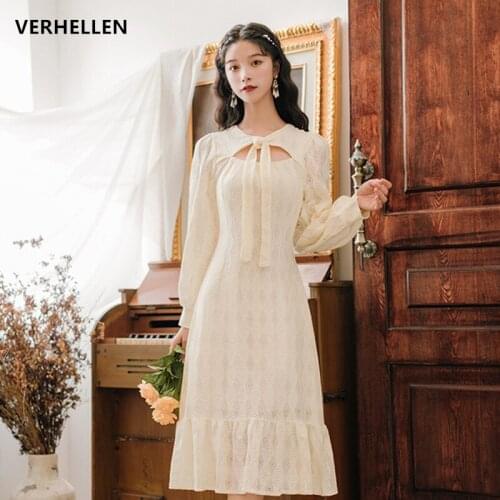 VERHELLEN Lace Women Dress 2020 Autumn New French Fashion Hollow Lace Long Sleeve Fishtail Elegant Temperament Dress Women