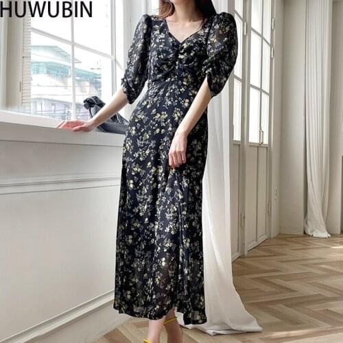 2021 Summer New Floral Dress Chic V-Neck Single Breasted Waist Retro Fairy And Ankle Chiffon French High Waist Long Dress