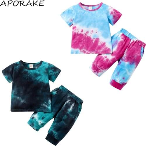 2021 0-4Y Casual Summer Kids Baby Girl Boy Clothing Tie Dye Print Short Sleeve T-shirt Top+Shorts Loose Knit Summer 2pcs Set