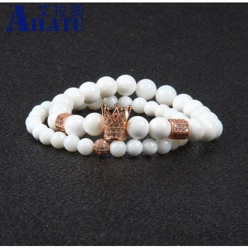 Ailatu Charm Mens Choice King Jewelry Gift 8mm White Stone with Micro Pave Cz Crown and Ball Couple Bracelet