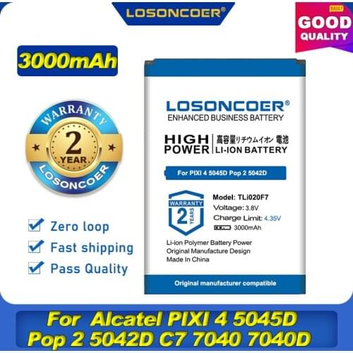 LOSONCOER 3000mAh TLi020F7 Battery For Alcatel PIXI 4 5045D Pop 2 5042D C7 7040 7040D 7041 7041D J720 J720T J726T J726T-so2