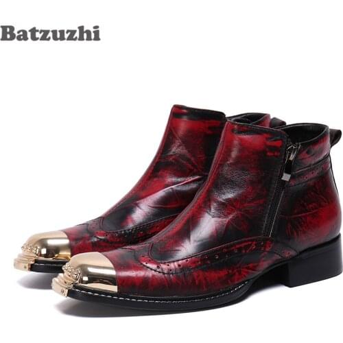 Batzuzhi Personality Handmade Men Shoes Boots Genuine Leather Ankle Boots Men Gold Metal Cap Party and Wedding Boots Man botas