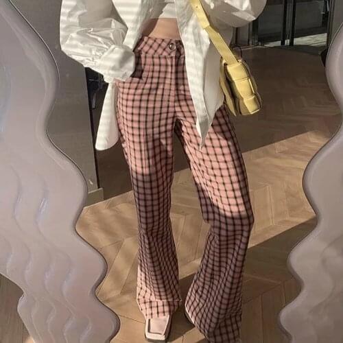 2021 Tide women Plaid straight Slit Slim full length high waist pants Female pocket vintage Buttons fashion grid Trousers Mujer