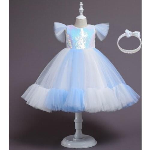 Kids Catwalk Evening Dresses New Sequin Wedding Dresses Childrens Dress For Girls Mesh Puffy Princess Dresses Send Headband 3-8Y