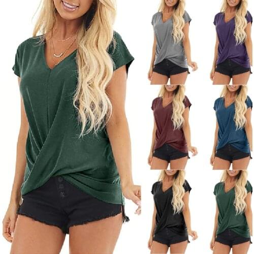 Womens V-neck T-shirt Summer Loose Solid Color Stitching Short-sleeved Irregular Large Size T-shirt 2021 Casual Female Clothing