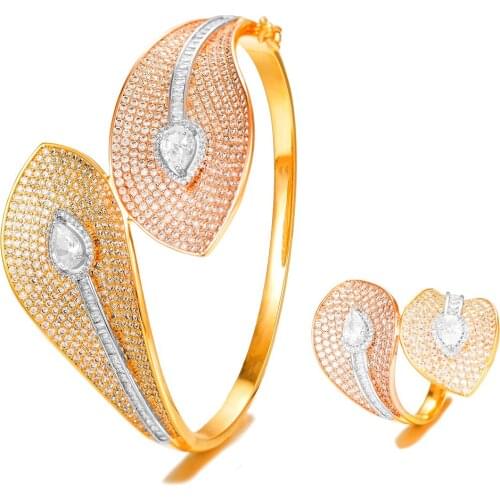 GODKI Spain Snake Leaf Bangle Ring Set Jewelry Set For Women Wedding PARTY Cubic Zircon Crystal CZ aretes de mujer modernos