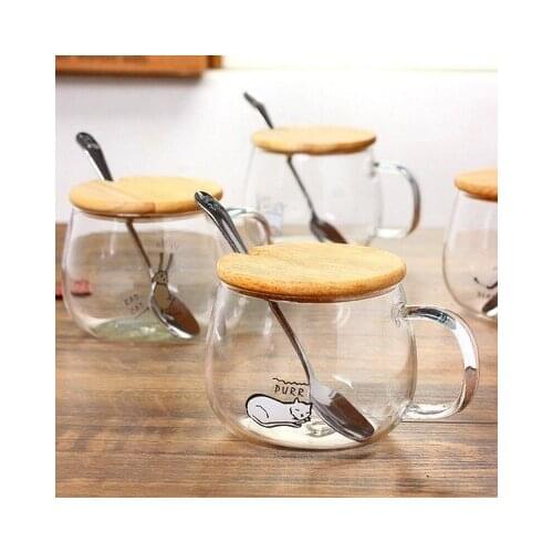 Cute cat glass mug cup+lid+spoon High borosilicate glass cup bamboo lid spoon transparent flower tea cup Drinkware